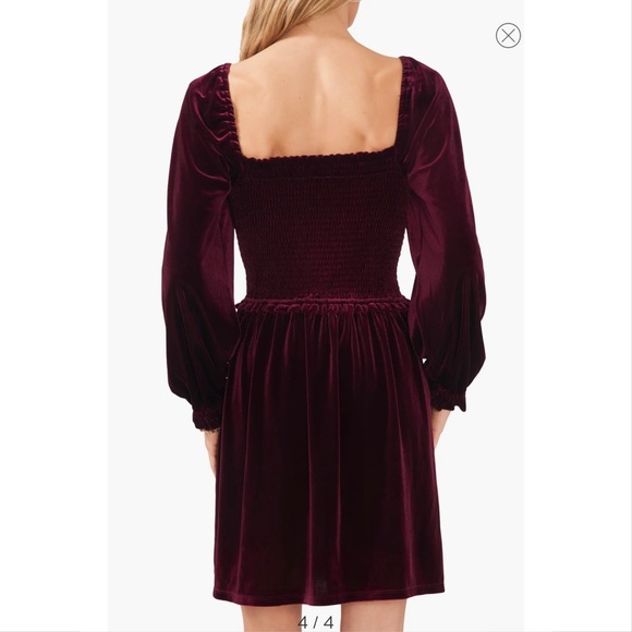1.State Smocked Bodice Long Sleeve Maroon Velvet Dress - Picture 3 of 6
